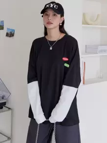 DAZY Patch Detail Drop Shoulder 2 In 1 Tee,Fall Clothes Long Sleeve Women Tops - Black - View 4