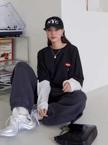 DAZY Patch Detail Drop Shoulder 2 In 1 Tee,Fall Clothes Long Sleeve Women Tops - Black - View 5