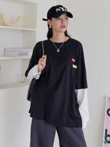 DAZY Patch Detail Drop Shoulder 2 In 1 Tee,Fall Clothes Long Sleeve Women Tops - Black - View 6