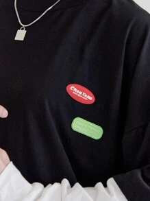 DAZY Patch Detail Drop Shoulder 2 In 1 Tee,Fall Clothes Long Sleeve Women Tops - Black - View 7