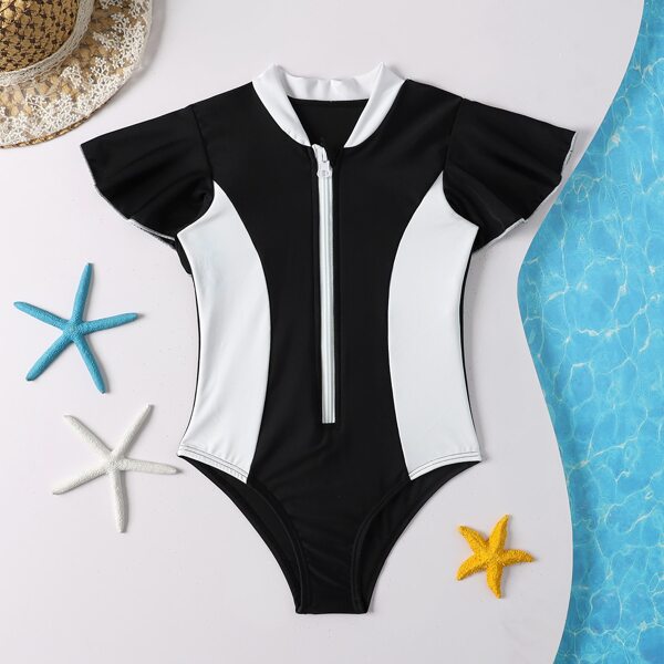 

Toddler Girls Color Block Zipper Front One Piece Swimsuit, Black and white