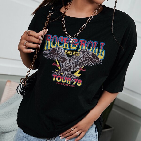 

Eagle & Slogan Graphic Drop Shoulder Tee, Black