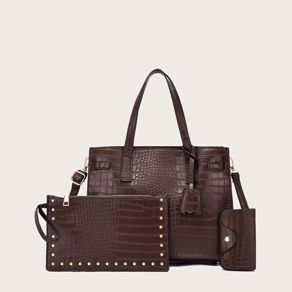

3pcs Crocodile Embossed Tote Bag Set, Coffee brown