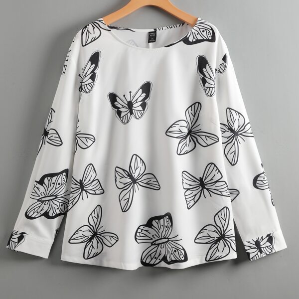 

Plus Butterfly Print Crew Neck Blouse, Black and white