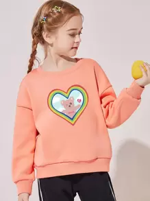 女孩落肩袖熊和心形圖案套頭衫 - 珊瑚橙 - 查看 1