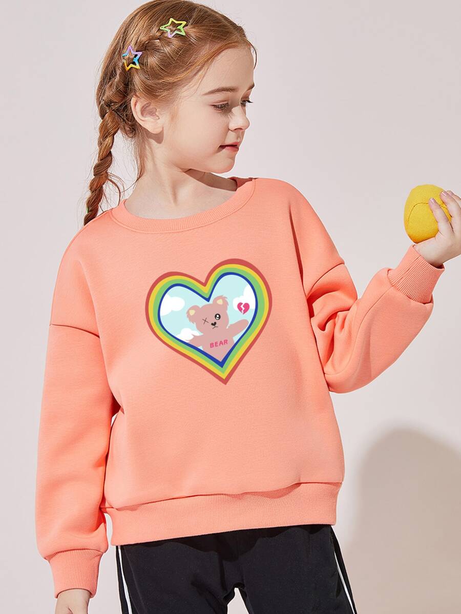 女孩落肩袖熊和心形圖案套頭衫 - 珊瑚橙 - 查看 1