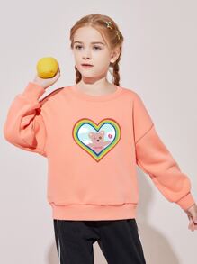 女孩落肩袖熊和心形圖案套頭衫 - 珊瑚橙 - 查看 3