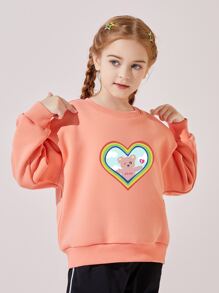 女孩落肩袖熊和心形圖案套頭衫 - 珊瑚橙 - 查看 5