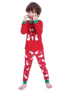 Boys 1pc Christmas Print Contrast Trim Tee & 1pc Trousers PJ Set - Multicolor - View 6