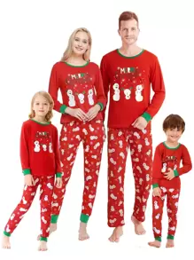 Girls 1pc Christmas Print Contrast Trim Tee & 1pc Trousers PJ Set - Red - View 3