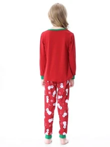 Girls 1pc Christmas Print Contrast Trim Tee & 1pc Trousers PJ Set - Red - View 2