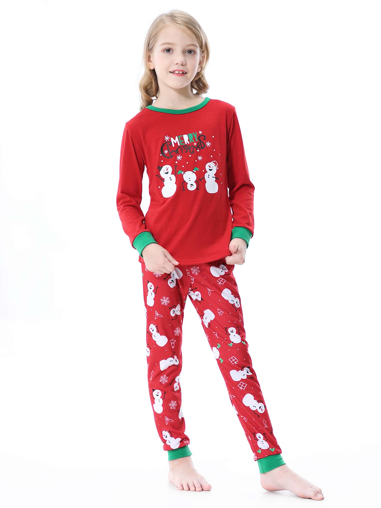 Girls 1pc Christmas Print Contrast Trim Tee & 1pc Trousers PJ Set - Red - View 1