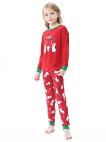 Girls 1pc Christmas Print Contrast Trim Tee & 1pc Trousers PJ Set - Red - View 4