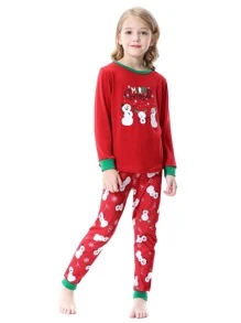 Girls 1pc Christmas Print Contrast Trim Tee & 1pc Trousers PJ Set - Red - View 5