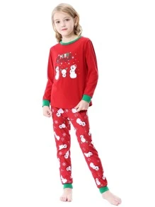 Girls 1pc Christmas Print Contrast Trim Tee & 1pc Trousers PJ Set - Red - View 6