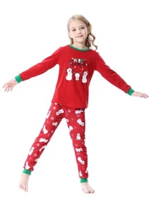 Girls 1pc Christmas Print Contrast Trim Tee & 1pc Trousers PJ Set - Red - View 7