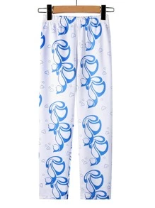 Girls Heart Print Elastic Waist Trousers - Blue and White - View 1