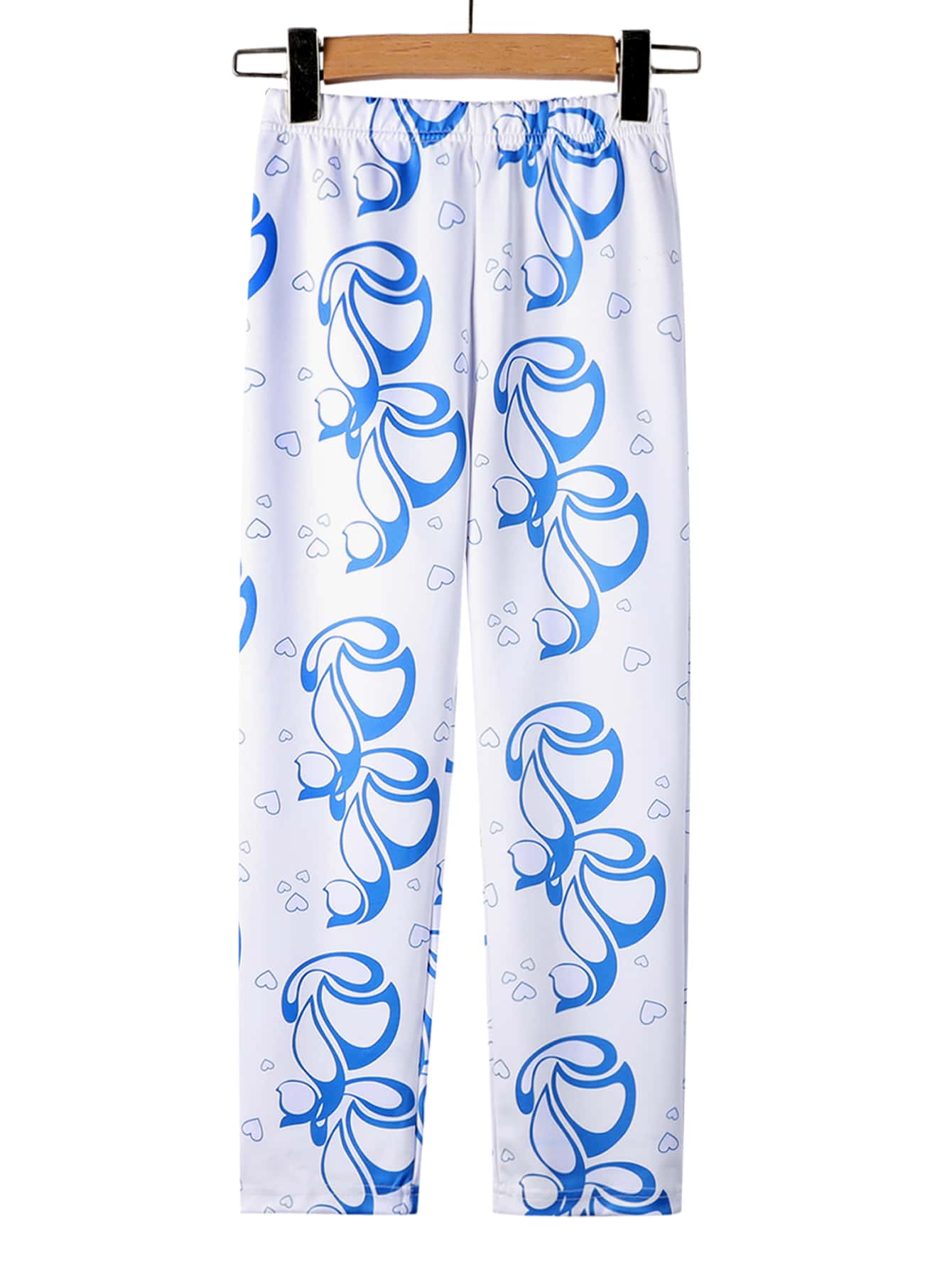 Girls Heart Print Elastic Waist Trousers - Blue and White - View 1
