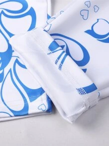 Girls Heart Print Elastic Waist Trousers - Blue and White - View 3