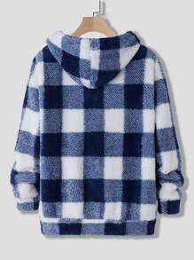 Manfinity 寬鬆版型男士水牛格紋束口抽繩絨毛連帽衫 - 藍白色 - 查看 2