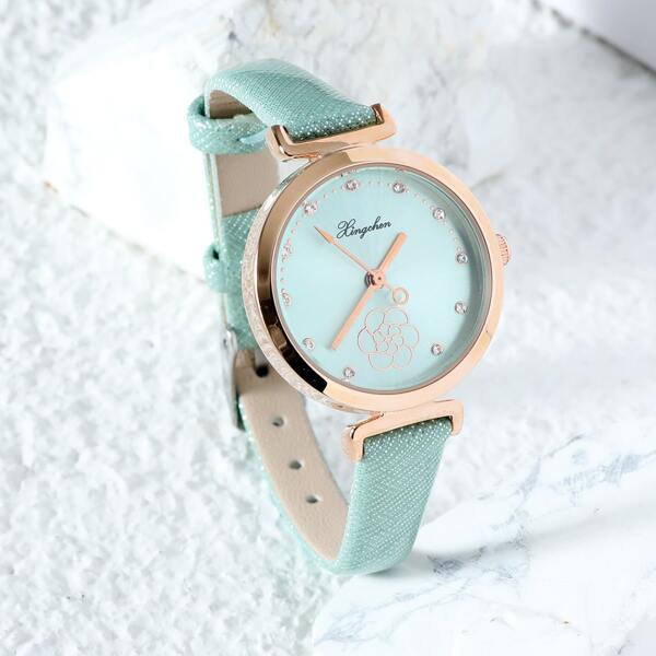 

Rhinestone Decor Round Pointer Water Resistant Quartz Watch