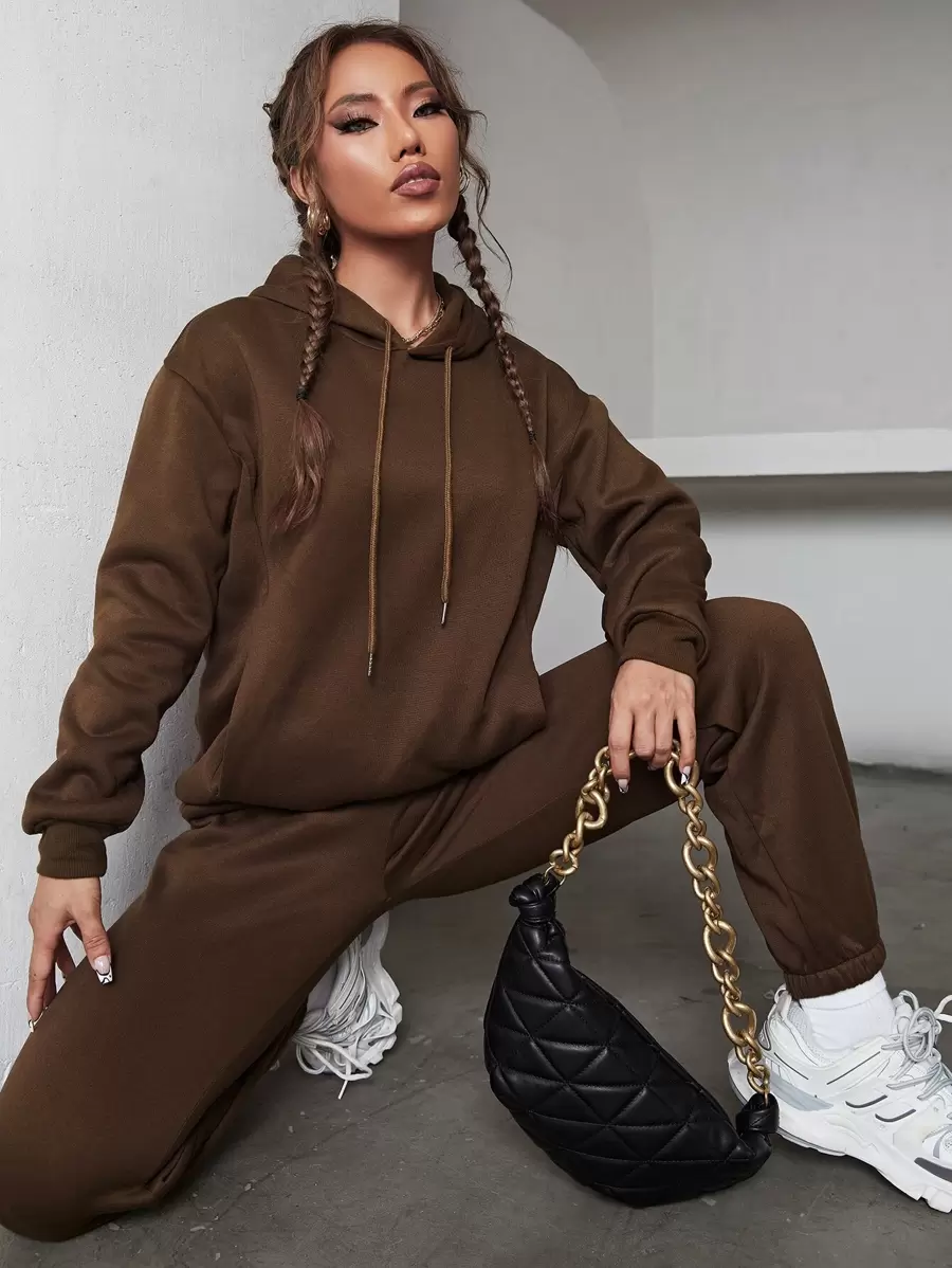 SHEIN EZwear Bộ đồ hai mảnh nữ Dây kéo màu trơn Giải trí - Cà phê nâu - Xem 1