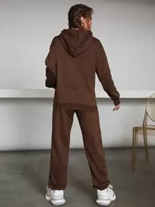 SHEIN EZwear 字母圖案落肩袖抽繩保暖連帽衫和衛褲 - 巧克力棕 - 查看 2