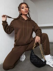 SHEIN EZwear Bộ đồ hai mảnh nữ Dây kéo màu trơn Giải trí - Cà phê nâu - Xem 4