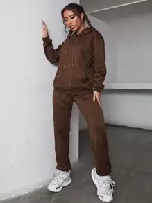 SHEIN EZwear Bộ đồ hai mảnh nữ Dây kéo màu trơn Giải trí - Cà phê nâu - Xem 5