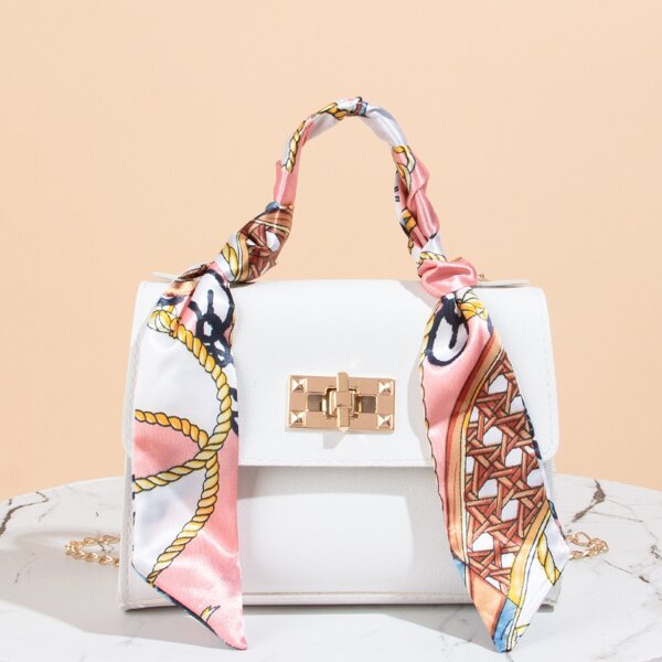

Twilly Scarf Decor Flap Turn-lock Satchel Bag, White