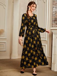 Váy Ả Rập Thắt lưng Hoa Tất cả trên in Thanh lịch - Nhiều màu - Xem 1