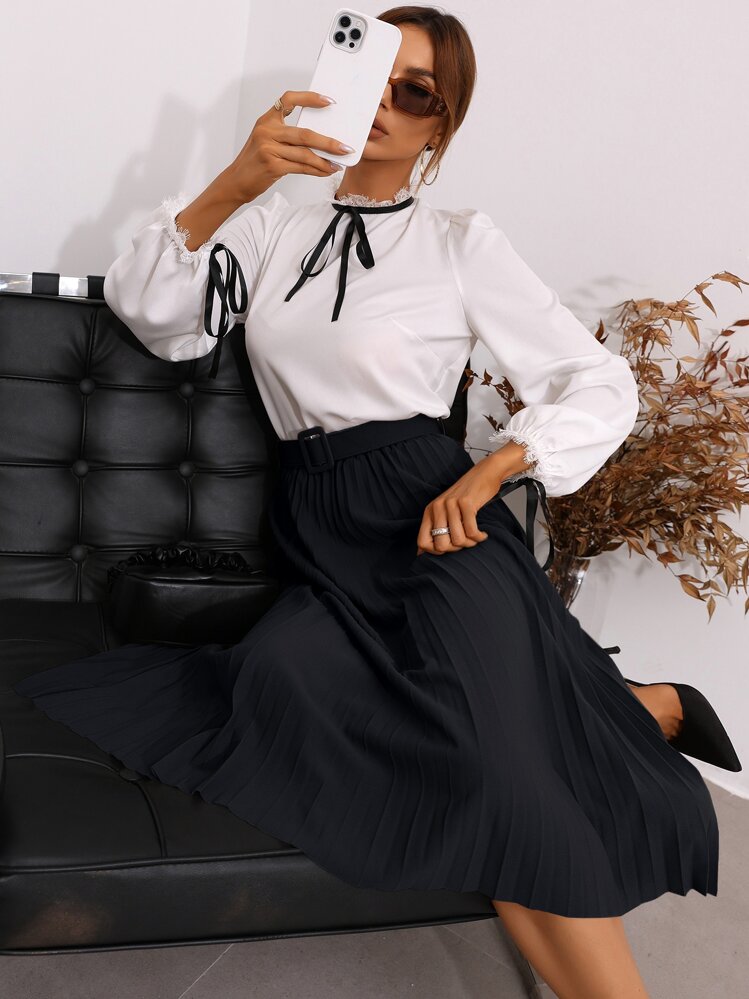 Modelyn Váy nữ Thắt lưng Xếp li màu trơn Thanh lịch - màu đen - Xem 6