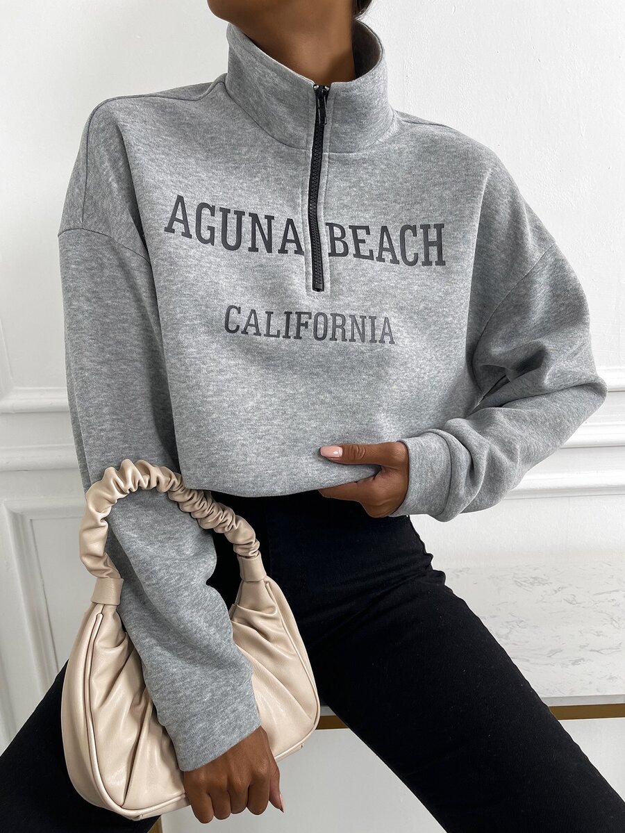 小高領落肩袖字母圖案半拉鏈保暖衛衣 - 灰色 - 查看 1