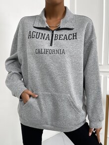 小高領落肩袖字母圖案半拉鏈保暖衛衣 - 灰色 - 查看 3