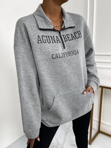 小高領落肩袖字母圖案半拉鏈保暖衛衣 - 灰色 - 查看 4