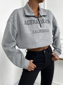 小高領落肩袖字母圖案半拉鏈保暖衛衣 - 灰色 - 查看 6