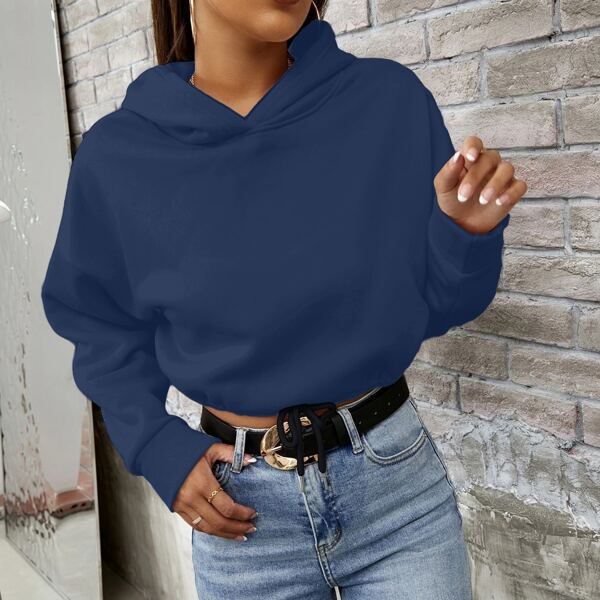 

Drawstring Hem Drop Shoulder Thermal Hoodie, Navy blue
