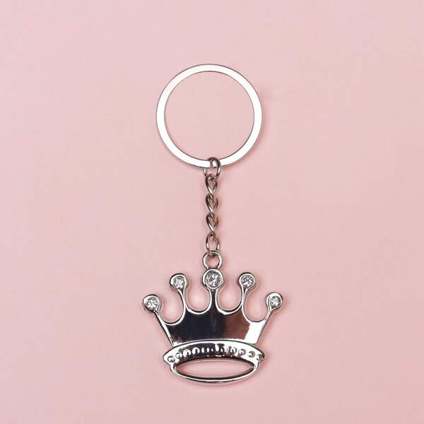 

Rhinestone Decor Crown Charm Keychain, Silver