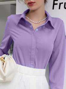 Mulvari Solid Hidden Button Placket Shirt Fall Cloth For Women - Lilac Purple - View 5