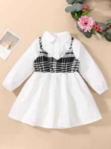 嬰兒格紋印花二合一襯衫洋裝 - 白色 - 查看 1