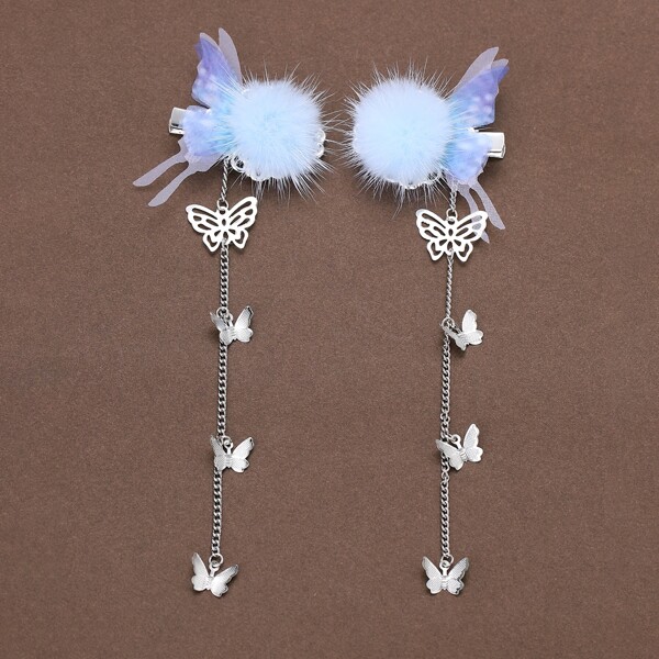 

2pcs Pom Pom Butterfly Decor Hair Clip, Blue