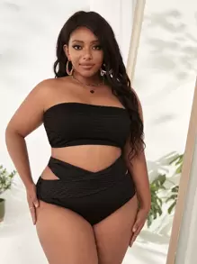 Plus Size Textured Bandeau High Waisted Bikini Set Summer Beach - Black - View 1