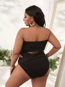 Plus Size Textured Bandeau High Waisted Bikini Set Summer Beach - Black - View 2