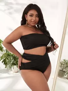 Plus Size Textured Bandeau High Waisted Bikini Set Summer Beach - Black - View 3