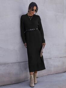 SHEIN Privé Solid Drop Shoulder Jumper Dress With Belt - Black - View 1