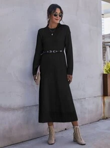 SHEIN Privé Solid Drop Shoulder Jumper Dress With Belt - Black - View 4