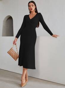 Modelyn Surplice Neck Ribbed Knit Jumper Dress - Black - View 4
