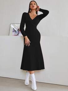 Modelyn Surplice Neck Ribbed Knit Jumper Dress - Black - View 5