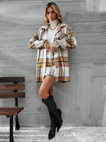 SHEIN Clasi 格子印花纽扣前大衣和裙子，女士深秋休闲纽扣长袖常规版型多色落肩裙女式两件套服装，休闲日常穿着 - 彩色 - 查看 4