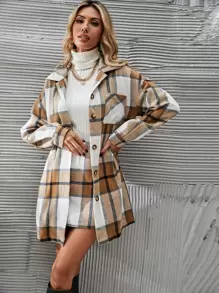 SHEIN Clasi 格子印花纽扣前大衣和裙子，女士深秋休闲纽扣长袖常规版型多色落肩裙女式两件套服装，休闲日常穿着 - 彩色 - 查看 6